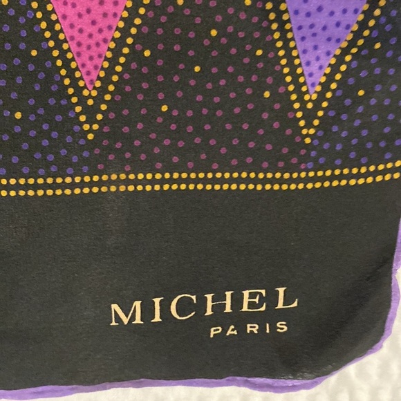 Michel Paris Silk Argyle Scarf - Black and Purple 52” Long Hand-Rolled Edges - Picture 2 of 6